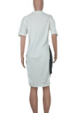 White Casual Print Patchwork High Slit O Neck Half Sleeve Two Pieces