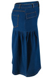 Deep Blue Casual Solid Color Pocket Buttons Patchwork Ruched Zipper Straight Plus Size Jeans
