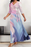 Pink Casual Street Gradient Print Lace Up Contrast V Neck Printed Dresses