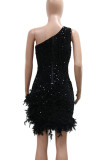 Black Sexy Sequins Patchwork Backless Feather Hemline Oblique Collar Wrapped Skirt Dresses