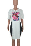 White Casual Print Patchwork High Slit O Neck Half Sleeve Two Pieces