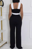 Black Casual Hollow Out Patchwork Backless V Neck Regular Jumpsuits