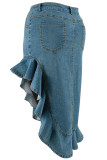 Navy Blue Casual Solid Color Buttons Patchwork Zipper Ruffled Trim Wrapped Skirt Plus Size Jeans