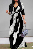 Black Casual Street Daily Geometric Print With Belt Contrast V Neck Printed Dresses