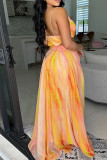 Red Celebrities Gradient Color Hollow Out Patchwork Backless Spaghetti Strap Long Dresses