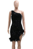 Black Sexy Sequins Patchwork Backless Feather Hemline Oblique Collar Wrapped Skirt Dresses