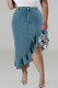 Navy Blue Casual Solid Color Buttons Patchwork Zipper Ruffled Trim Wrapped Skirt Plus Size Jeans
