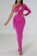 Rose Red Sexy Solid Color Sequins Patchwork Backless Oblique Collar Long Dresses