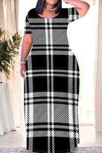 Black White Casual Daily Plaid Contrast O Neck Printed Plus Size Dresses