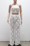 White Casual Flowers Patchwork See-Through Backless Cross Straps Strap Design Halter Sleeveless Two Pieces
