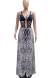 Blue Sexy Print Hollow Out Patchwork Backless Spaghetti Strap Loose Jumpsuits