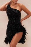 Black Sexy Sequins Patchwork Backless Feather Hemline Oblique Collar Wrapped Skirt Dresses