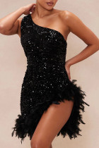 Black Sexy Sequins Patchwork Backless Feather Hemline Oblique Collar Wrapped Skirt Dresses