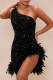 Black Sexy Sequins Patchwork Backless Feather Hemline Oblique Collar Wrapped Skirt Dresses