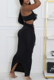 Black Sexy Solid Color Sequins Patchwork Backless Oblique Collar Long Dresses