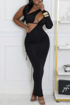 Black Sexy Solid Color Sequins Patchwork Backless Oblique Collar Long Dresses