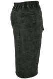 Black Casual Solid Color Pocket Patchwork Zipper Wrapped Skirt Plus Size Jeans