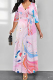 Pink Casual Street Gradient Print Lace Up Contrast V Neck Printed Dresses