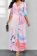 Pink Casual Street Gradient Print Lace Up Contrast V Neck Printed Dresses