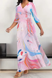 Pink Casual Street Gradient Print Lace Up Contrast V Neck Printed Dresses