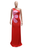 Red Celebrities Print Patchwork Backless Ruched Strap Design Oblique Collar Long Dresses