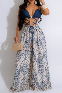 Blue Sexy Print Hollow Out Patchwork Backless Spaghetti Strap Loose Jumpsuits