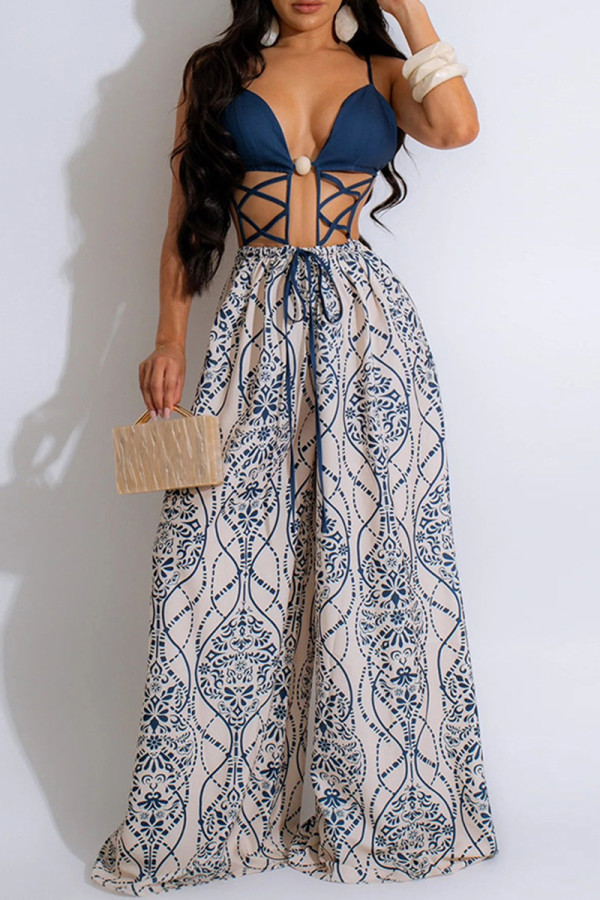 Blue Sexy Print Hollow Out Patchwork Backless Spaghetti Strap Loose Jumpsuits