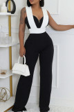 Black Casual Hollow Out Patchwork Backless V Neck Regular Jumpsuits