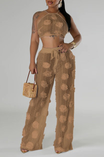 Brown Casual Flowers Patchwork See-Through Backless Cross Straps Strap Design Halter Sleeveless Two Pieces