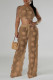 Brown Casual Flowers Patchwork See-Through Backless Cross Straps Strap Design Halter Sleeveless Two Pieces