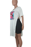 White Casual Print Patchwork High Slit O Neck Half Sleeve Two Pieces