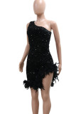 Black Sexy Sequins Patchwork Backless Feather Hemline Oblique Collar Wrapped Skirt Dresses