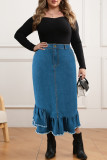 Blue Casual Solid Color Buttons Patchwork Zipper Ruffled Trim Straight Plus Size Jeans