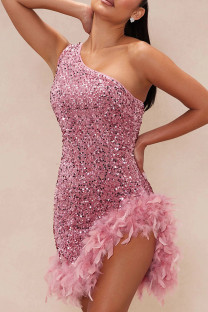 Pink Sexy Sequins Patchwork Backless Feather Hemline Oblique Collar Wrapped Skirt Dresses