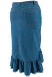 Blue Casual Solid Color Buttons Patchwork Zipper Ruffled Trim Straight Plus Size Jeans