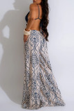 Blue Sexy Print Hollow Out Patchwork Backless Spaghetti Strap Loose Jumpsuits