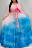 Blue Yellow Celebrities Tie Dye Patchwork Strap Design O Neck A Line Dresses