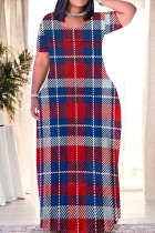 Red Blue Casual Daily Plaid Contrast O Neck Printed Plus Size Dresses