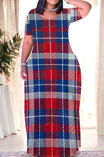 Red Blue Casual Daily Plaid Contrast O Neck Printed Plus Size Dresses