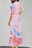 Pink Casual Street Gradient Print Lace Up Contrast V Neck Printed Dresses