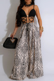 Blue Sexy Print Hollow Out Patchwork Backless Spaghetti Strap Loose Jumpsuits