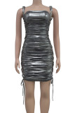 Gold Sexy Solid Color Hollow Out Patchwork Backless Cross Straps Ruched Spaghetti Strap Wrapped Skirt Dresses