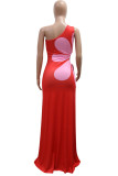 Red Celebrities Print Patchwork Backless Ruched Strap Design Oblique Collar Long Dresses
