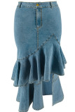 Peacock Blue Celebrities Solid Color Buttons Patchwork Zipper Ruffled Trim Wrapped Skirt Plus Size Jeans