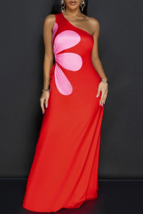 Red Celebrities Print Patchwork Backless Ruched Strap Design Oblique Collar Long Dresses
