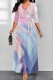Blue Pink Casual Street Gradient Print Lace Up Contrast V Neck Printed Dresses
