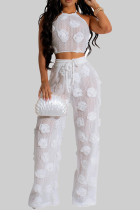 White Casual Flowers Patchwork See-Through Backless Cross Straps Strap Design Halter Sleeveless Two Pieces