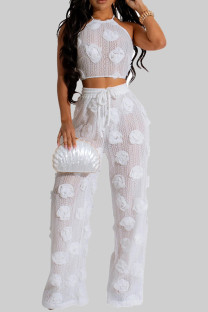 White Casual Flowers Patchwork See-Through Backless Cross Straps Strap Design Halter Sleeveless Two Pieces