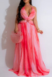 Red Celebrities Gradient Color Hollow Out Patchwork Backless Spaghetti Strap Long Dresses