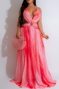 Red Celebrities Gradient Color Hollow Out Patchwork Backless Spaghetti Strap Long Dresses